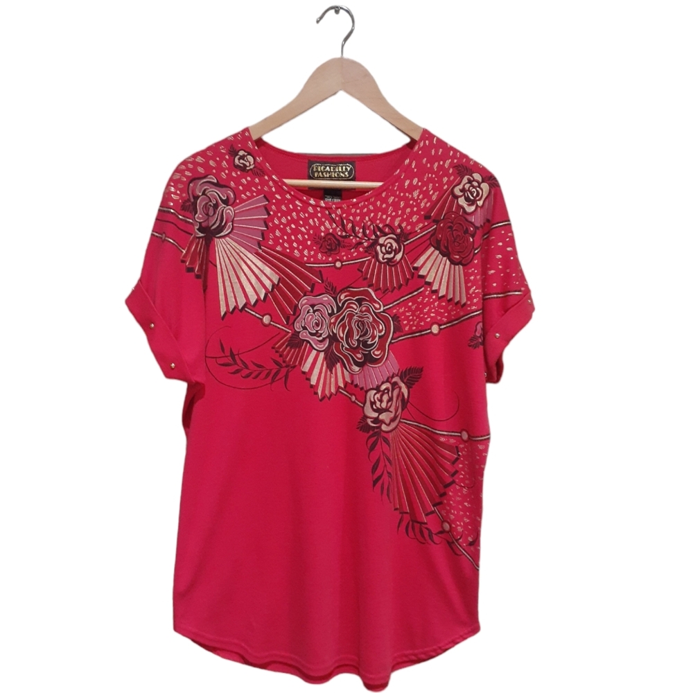 Piccadilly Fashion Women's One-Size Embellished Floral Print Knit Shirt Red